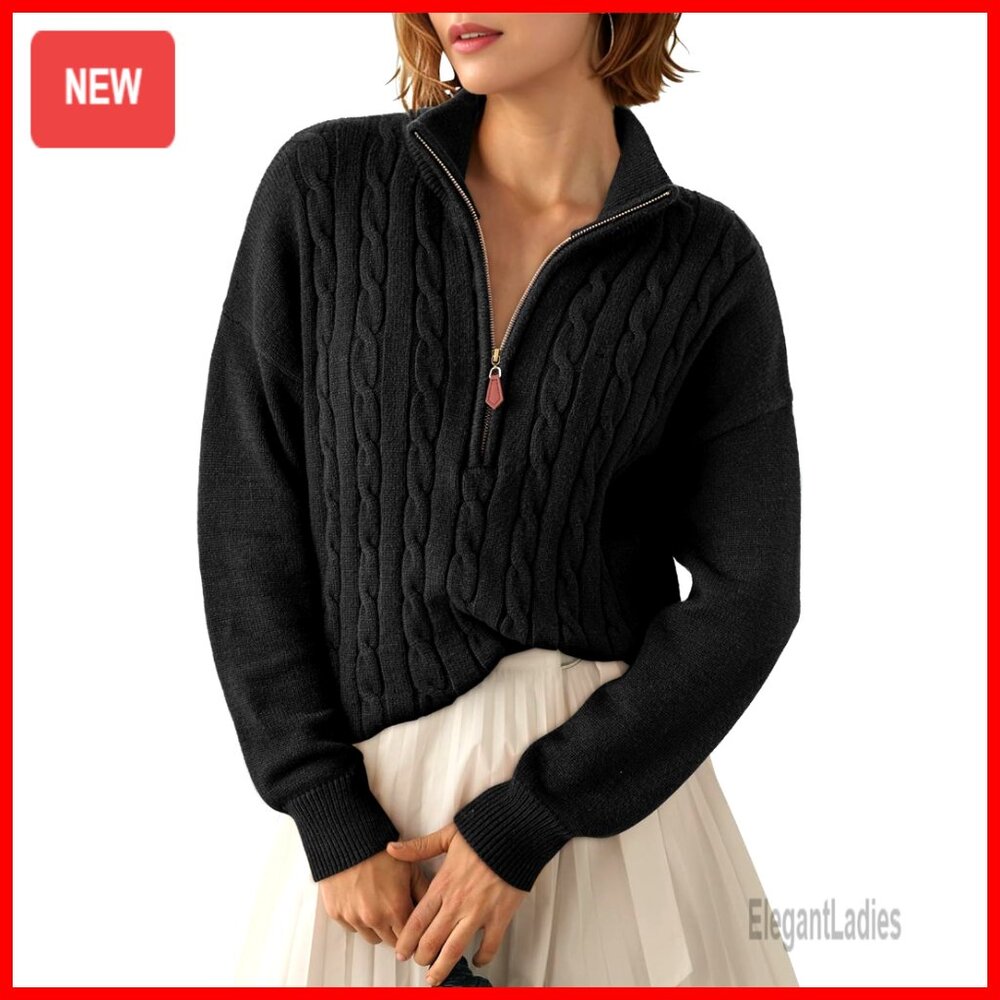 Quarter Zip Ribbed Cable Knit Pullover Sweater Long Sleeve V-Neck